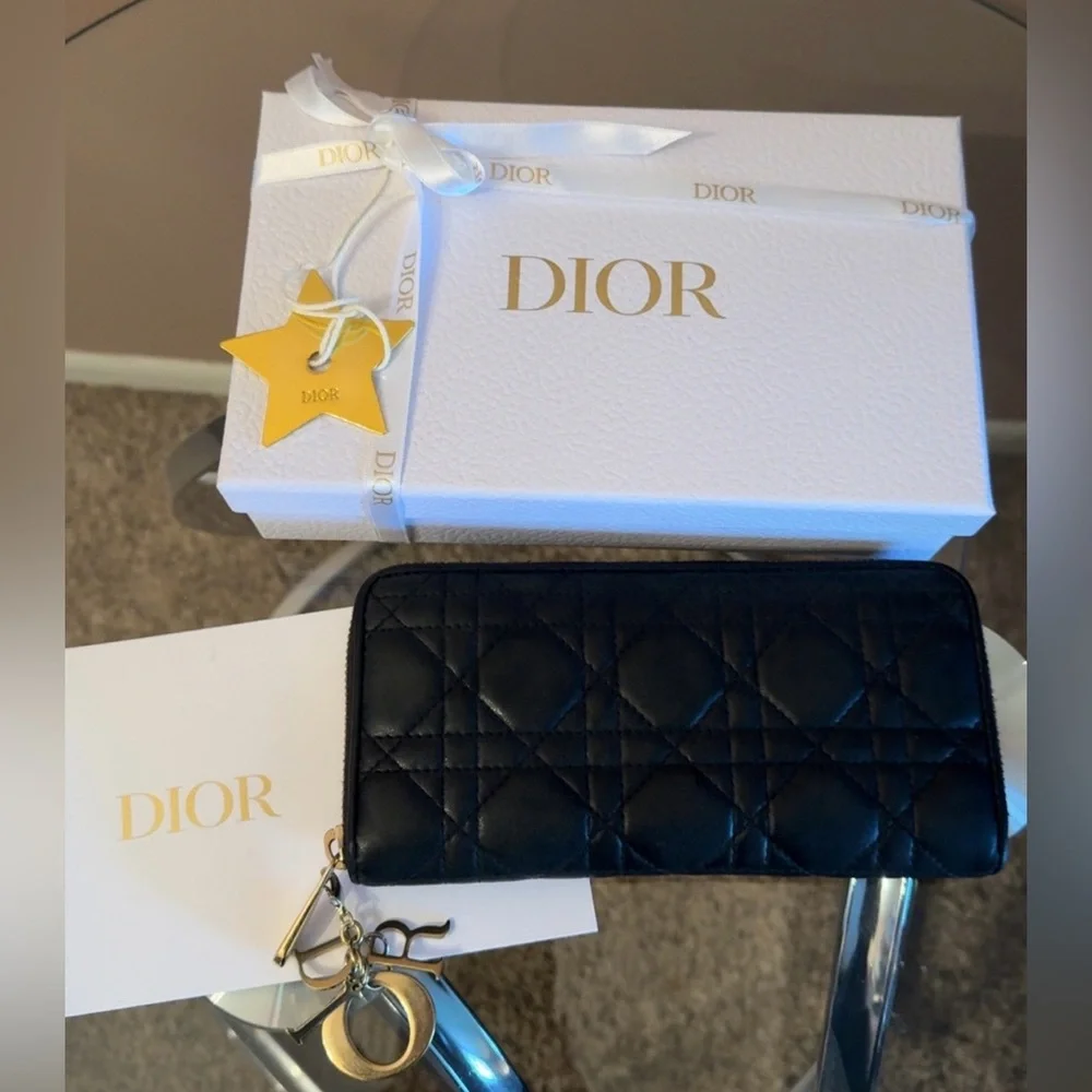 Dior Large Lady Dior Voyageur Black Quilted Lambskin Wallet with Gold Charm